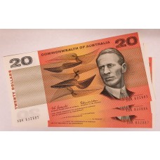 AUSTRALIA 1966 . TWENTY 20 DOLLAR BANKNOTES . CONSECUTIVE TRIO . MINOR CENTRE OBSTRUCTION AS AN ERROR